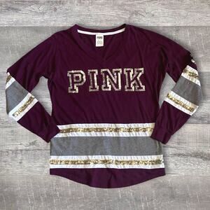 PINK Victorias Secret Campus Varsity Bling Tee Womens XS Maroon Gold Oversized